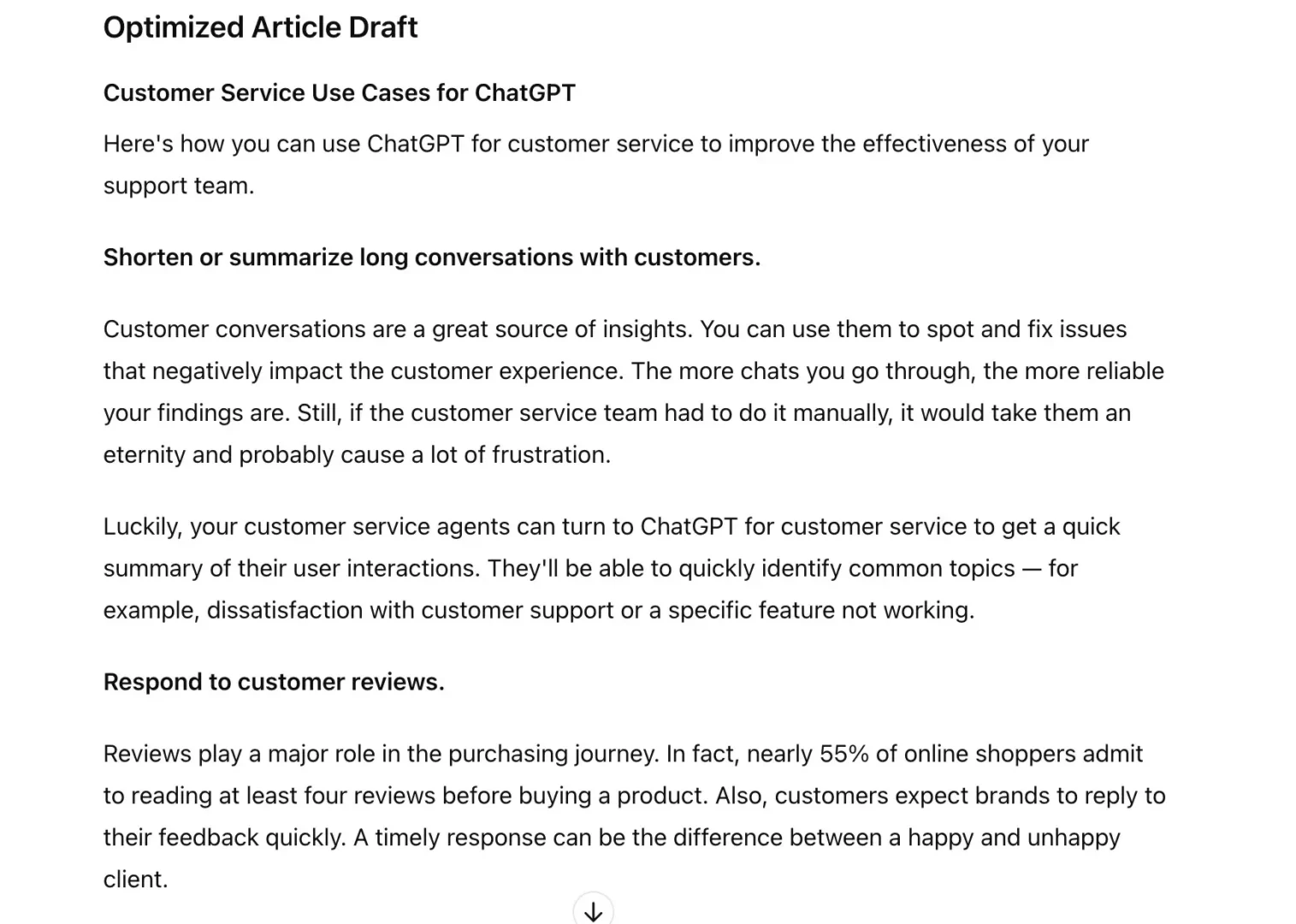 ChatGPT for SEO, article draft including the listed keywords