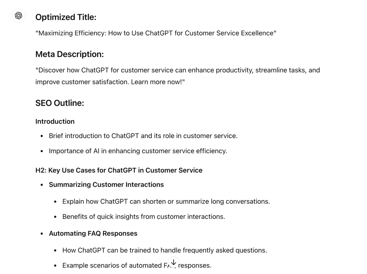 ChatGPT for SEO, content structure suggested by ChatGPT 