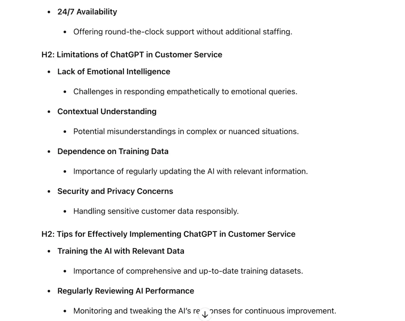 ChatGPT for SEO, content structure suggested by ChatGPT 