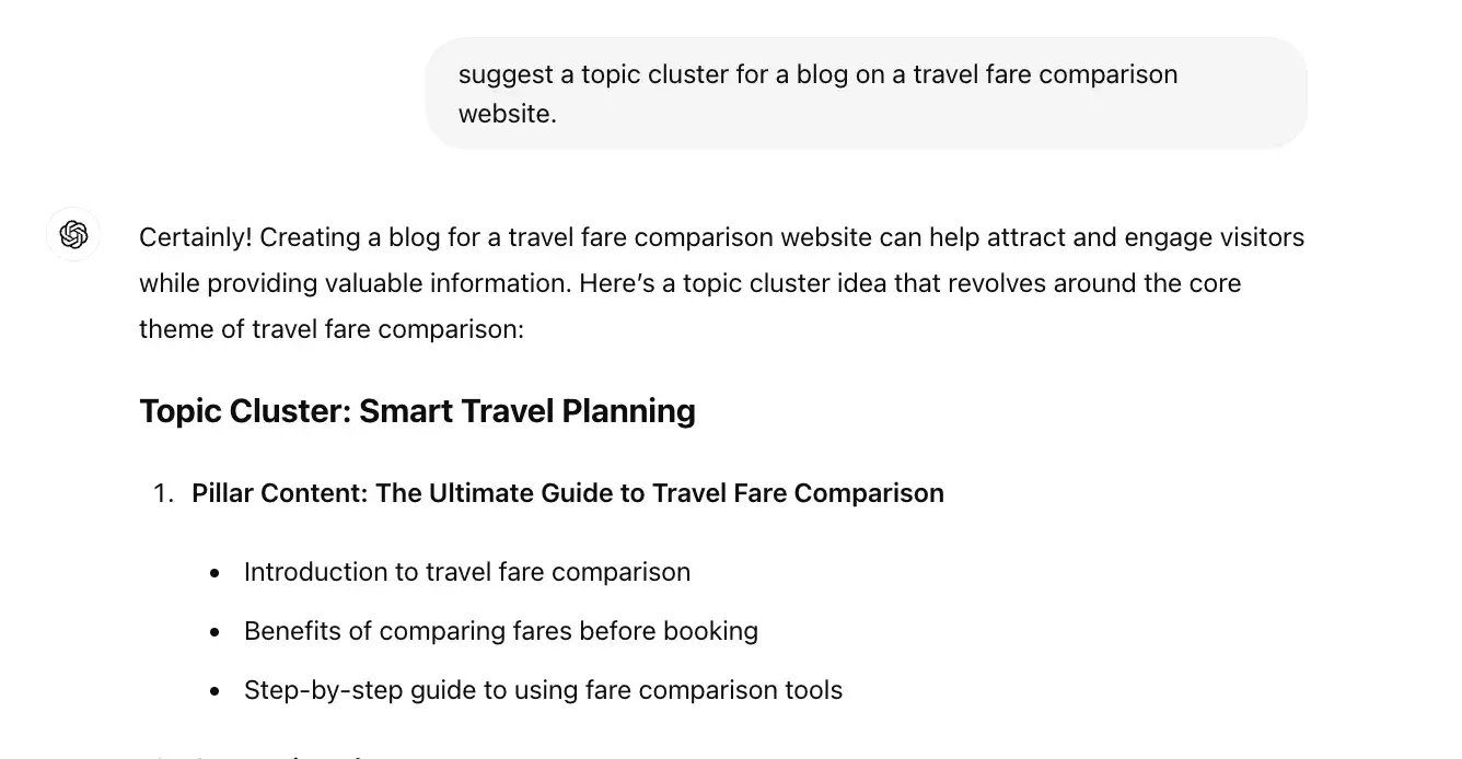 ChatGPT for SEO; content cluster suggestions example