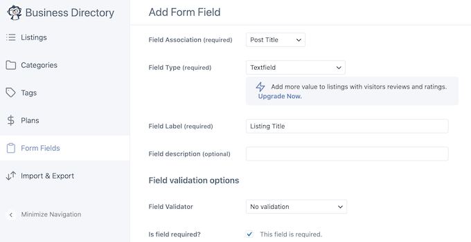 Customizing the form fields in a business listing