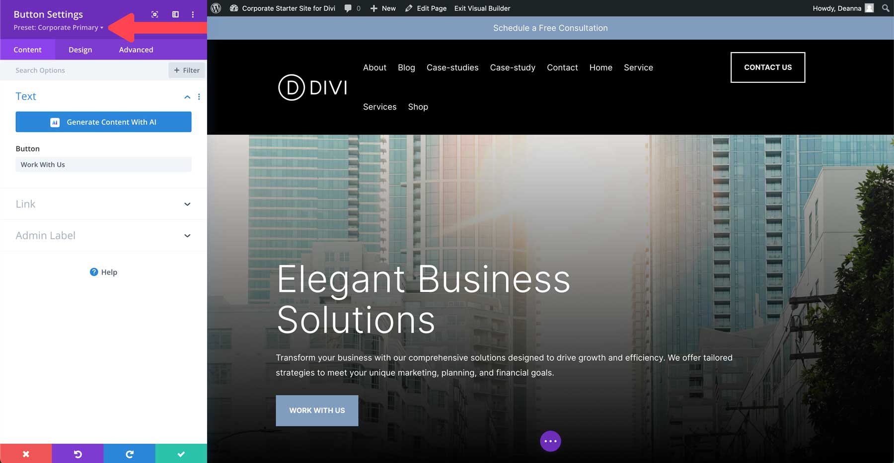 Corporate starter site for Divi 