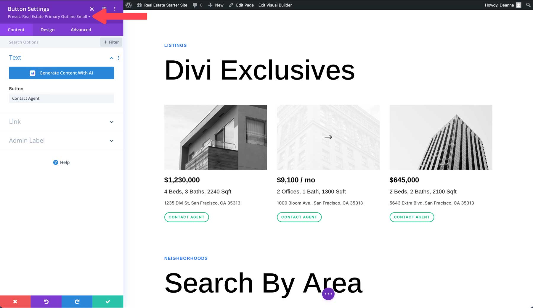 Real Estate starter site for Divi