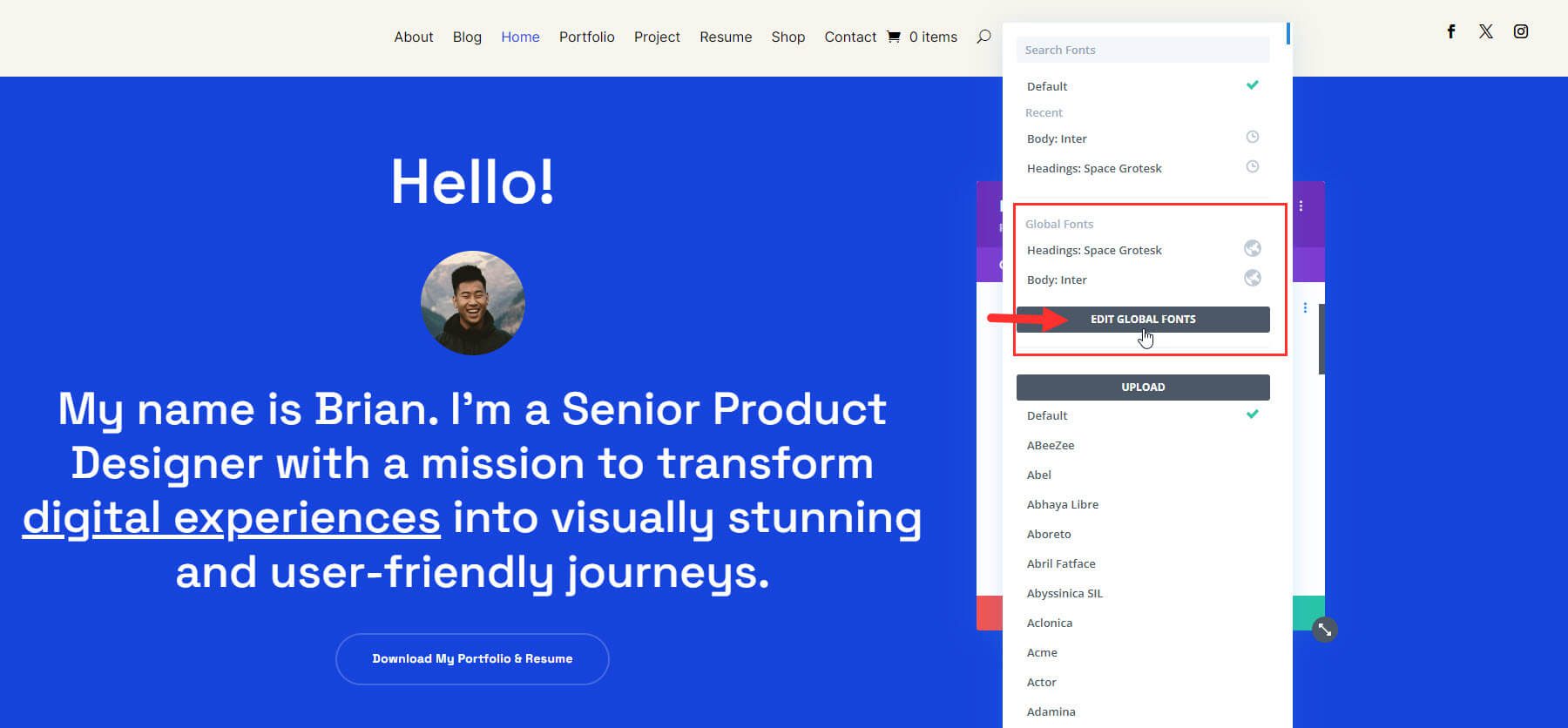 editing global fonts in Divi