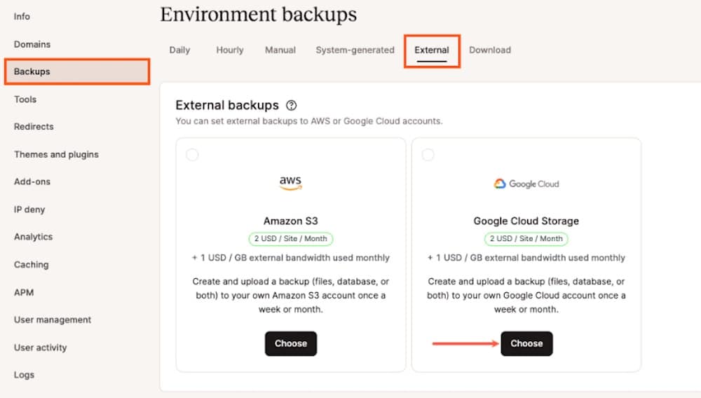 kinsta backup features - external backups