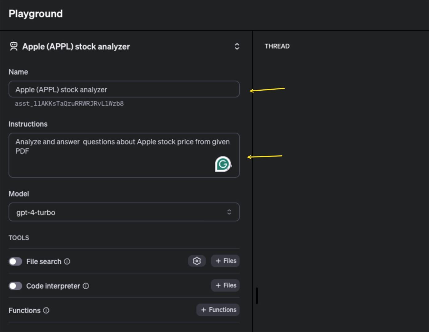 Screenshot displaying the fields for naming and instructing a new AI assistant