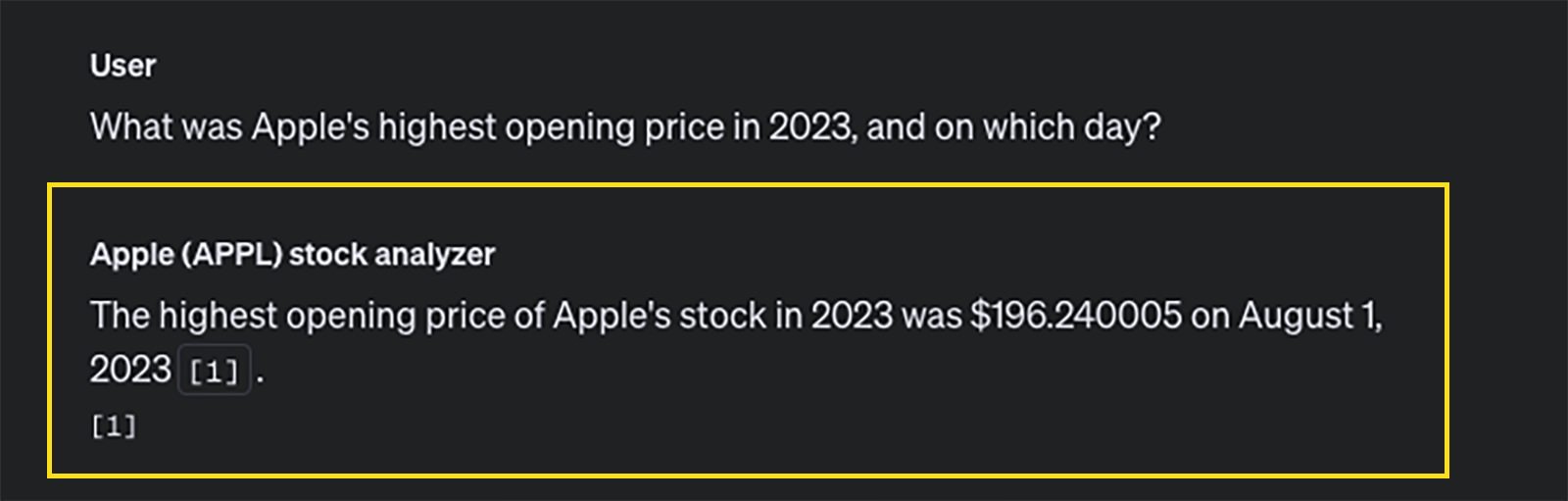 Screenshot displaying the answer to which day in 2023 had the highest opening price for Apple