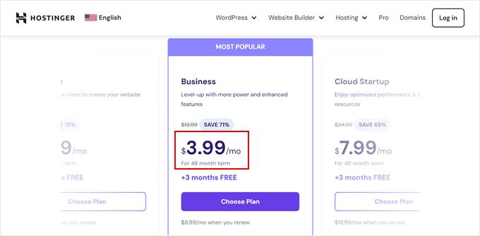 Hostinger's pricing page, its payment term highlighted