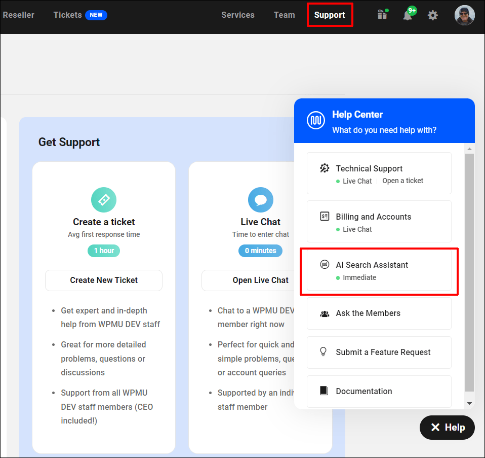 The Hub - Support tab with AI Assistant tool highlighted.