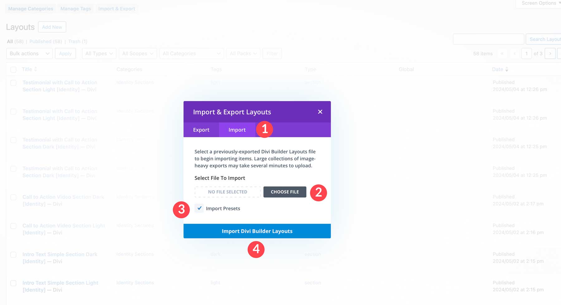 import Divi Library items