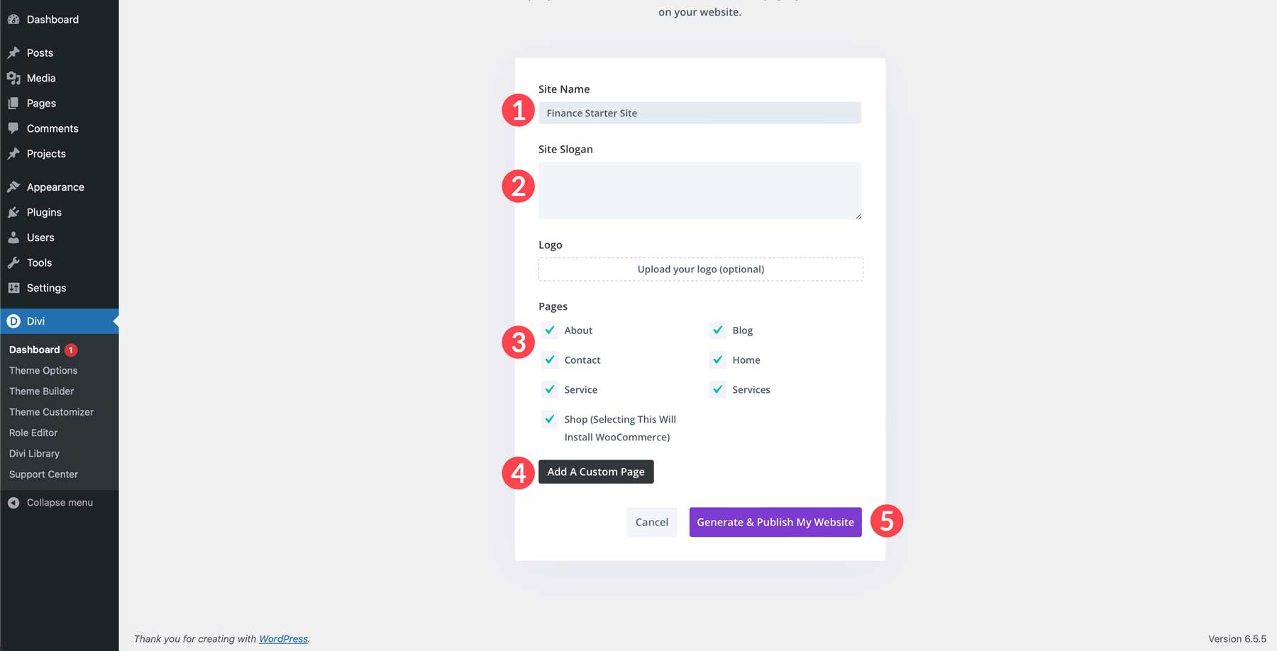 Finance starter site for Divi