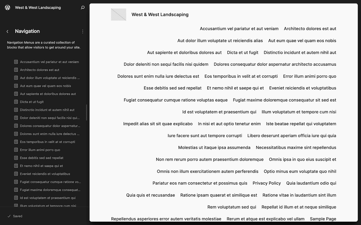 A full view of the Navigation page within the WordPress Site Editor. The left-hand sidebar shows a navigation menu structure, while the main content area displays a website preview with placeholder text and the visual navigation menu.