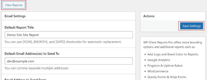 Save settings and view client report