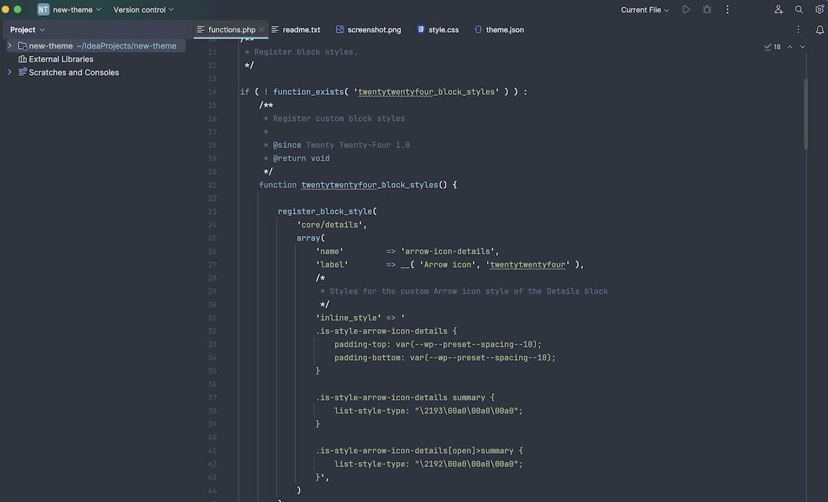 A code editor window showing PHP functions for registering custom block styles in WordPress. The code defines styles for an arrow-icon-details block, including CSS properties for padding and list-style-type.