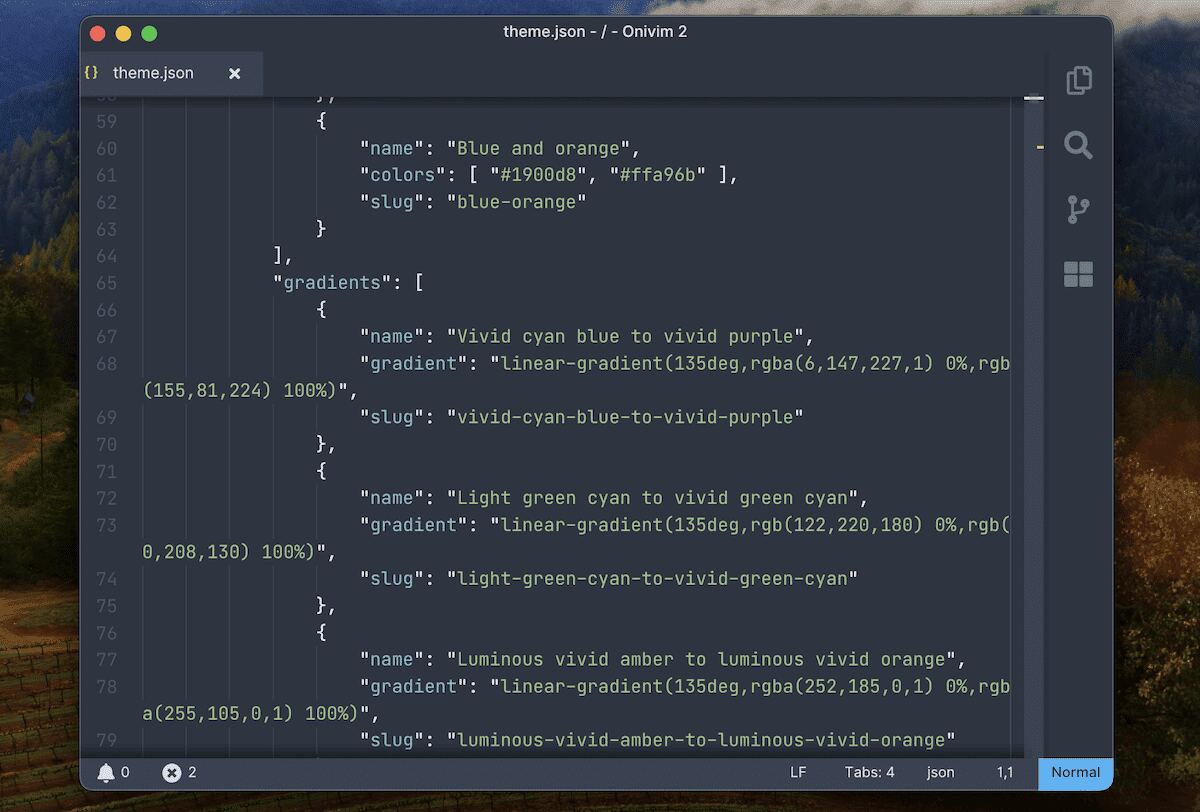 A code editor displaying a portion of a WordPress theme.json file. The visible section defines color palettes and gradients, including names, hex color codes, and gradient definitions for various color schemes.