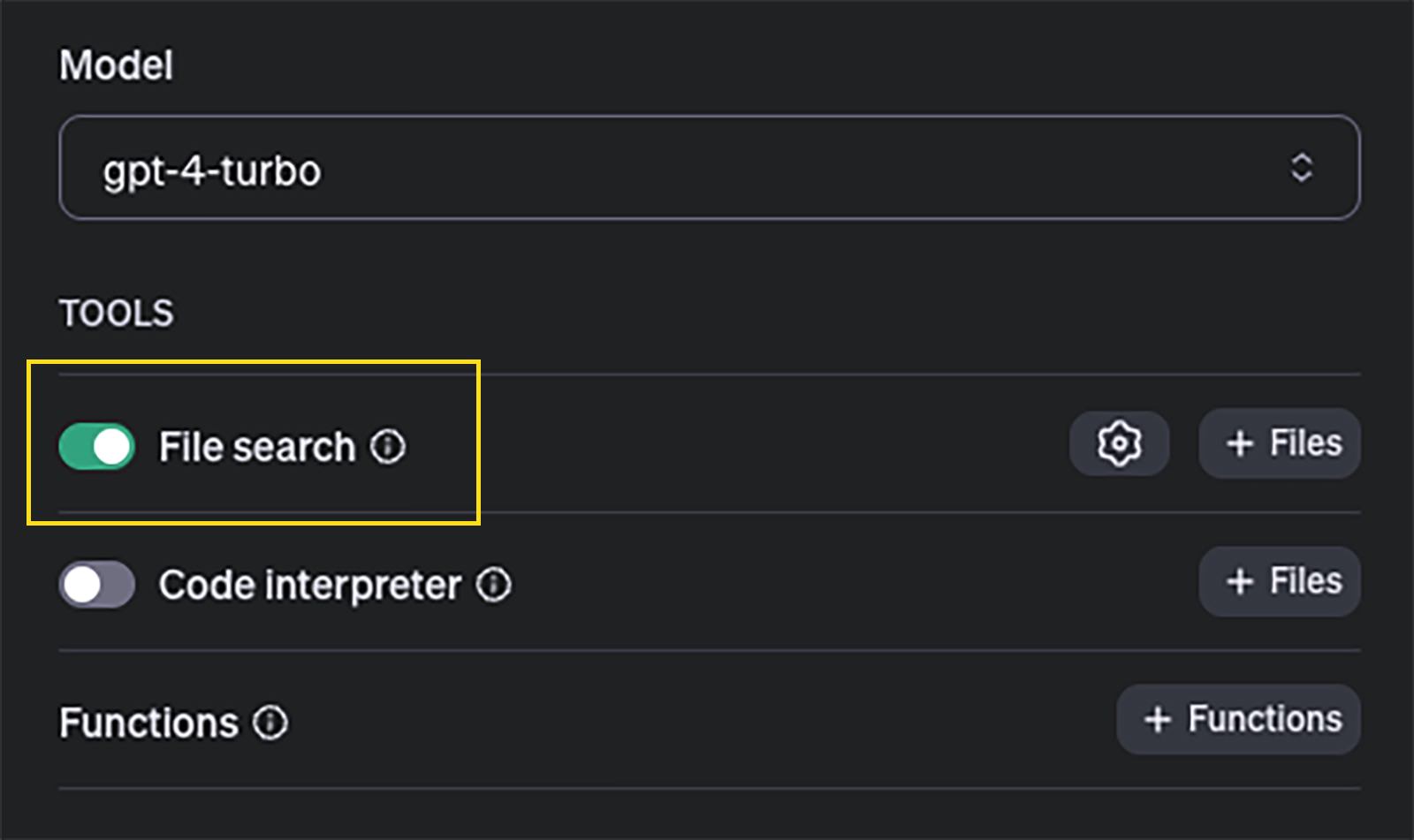 Screenshot showing how to activate File Search and add files in the assistant tools section