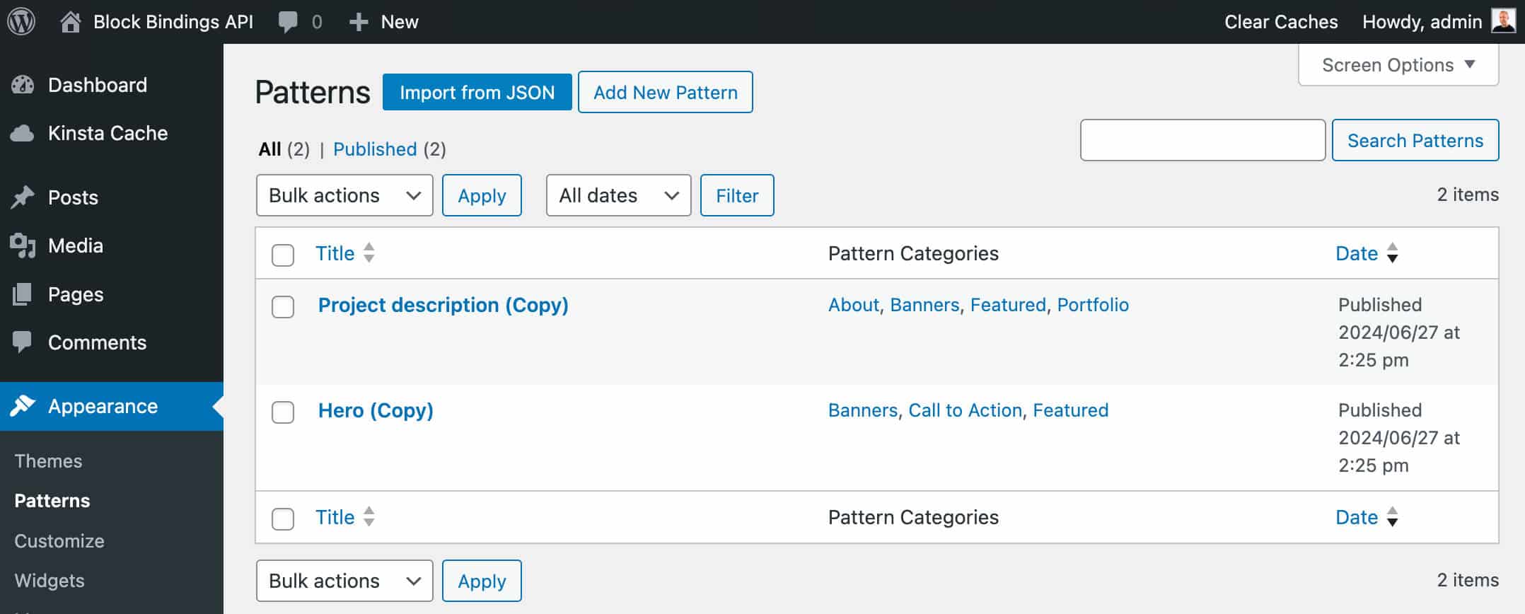 Patterns screen in WordPress 6.5 with the Twenty Twenty-One classic theme