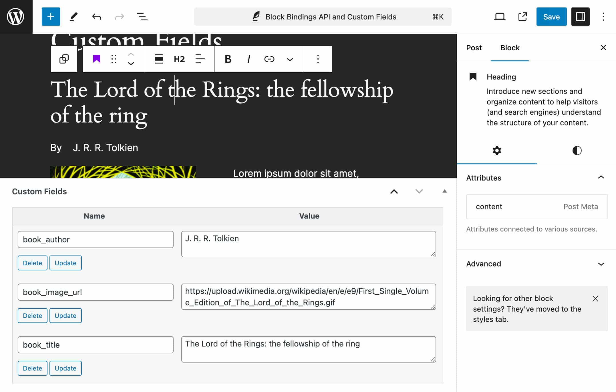 Edit a custom field from the connected block in WordPress 6.6