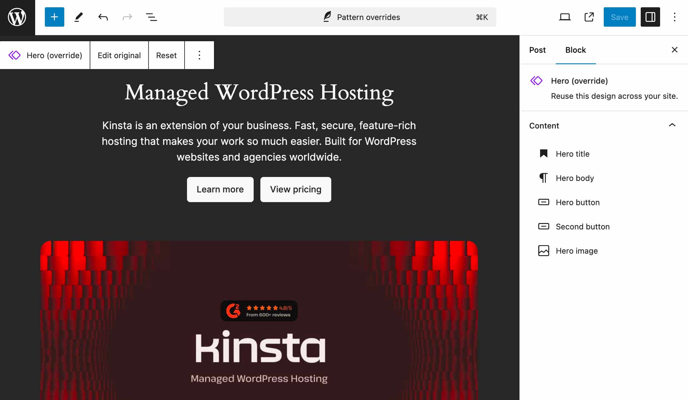 A block pattern with overrides in the post editor