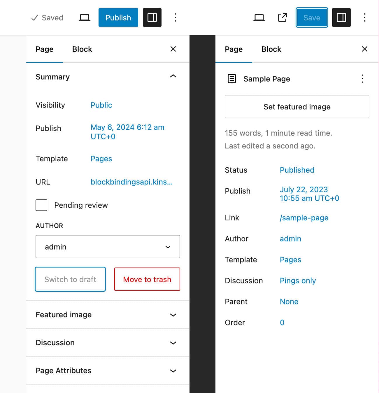 Page settings sidebar in WordPress 6.5 vs. 6.6