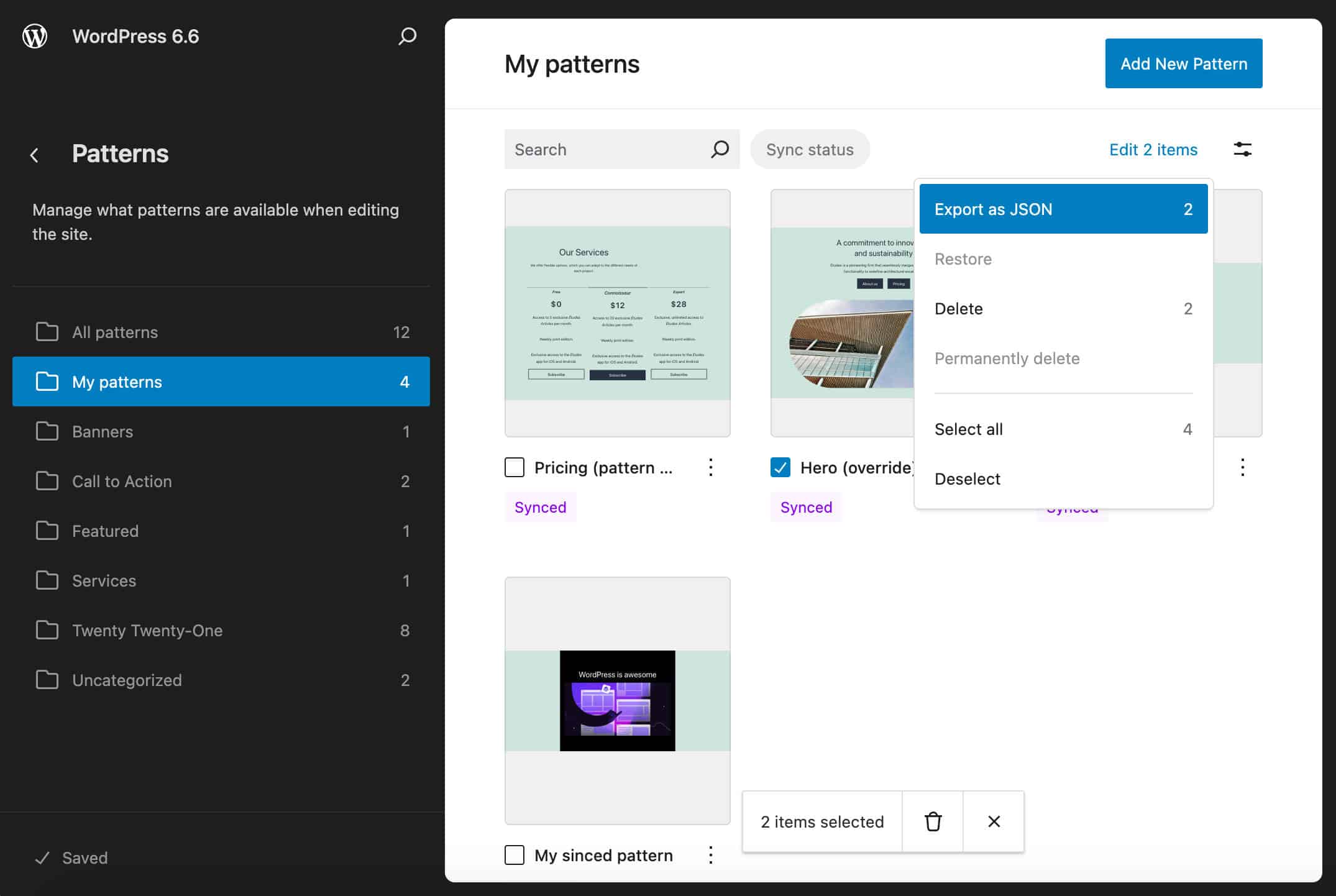 Bulk actions on patterns in WordPress 6.6 with the Twenty Twenty-One classic theme