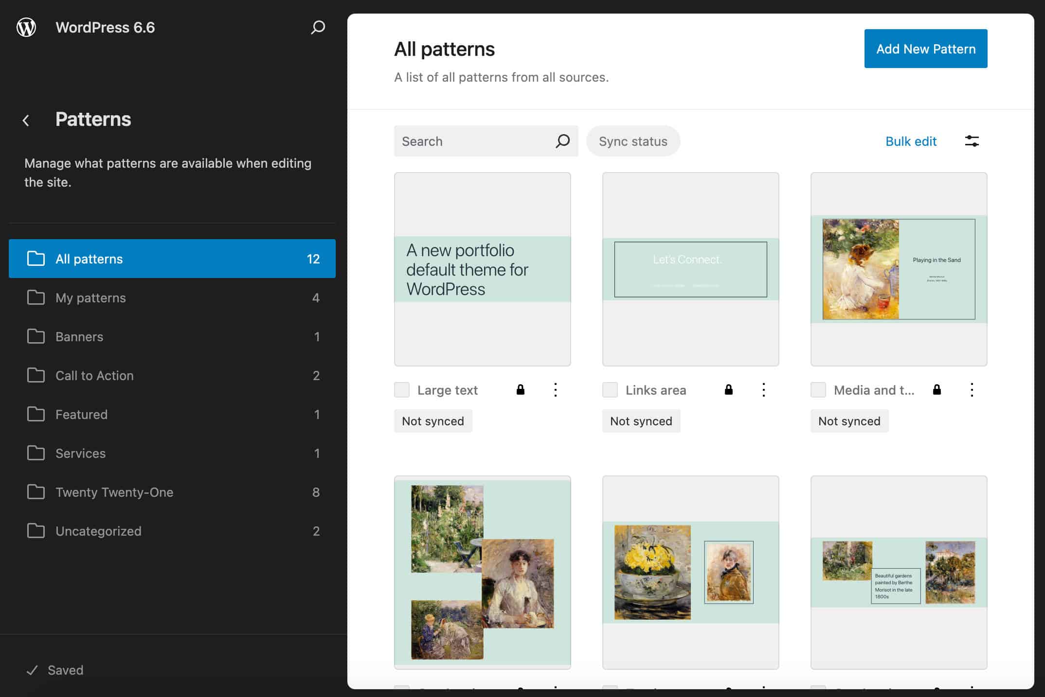 Pattern management in WordPress 6.6 with the Twenty Twenty-One classic theme