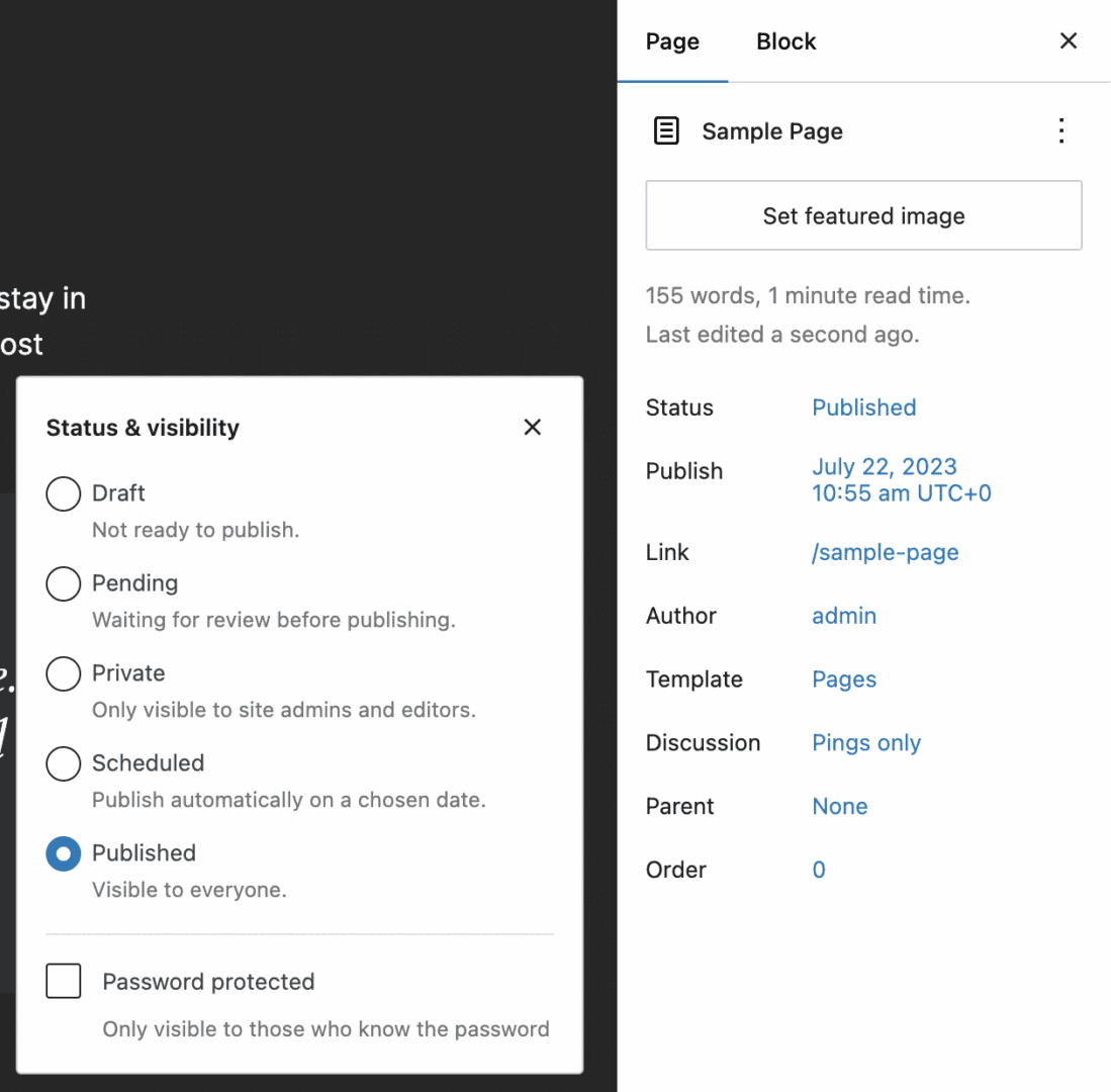 Status & visibility settings in WordPress 6.6