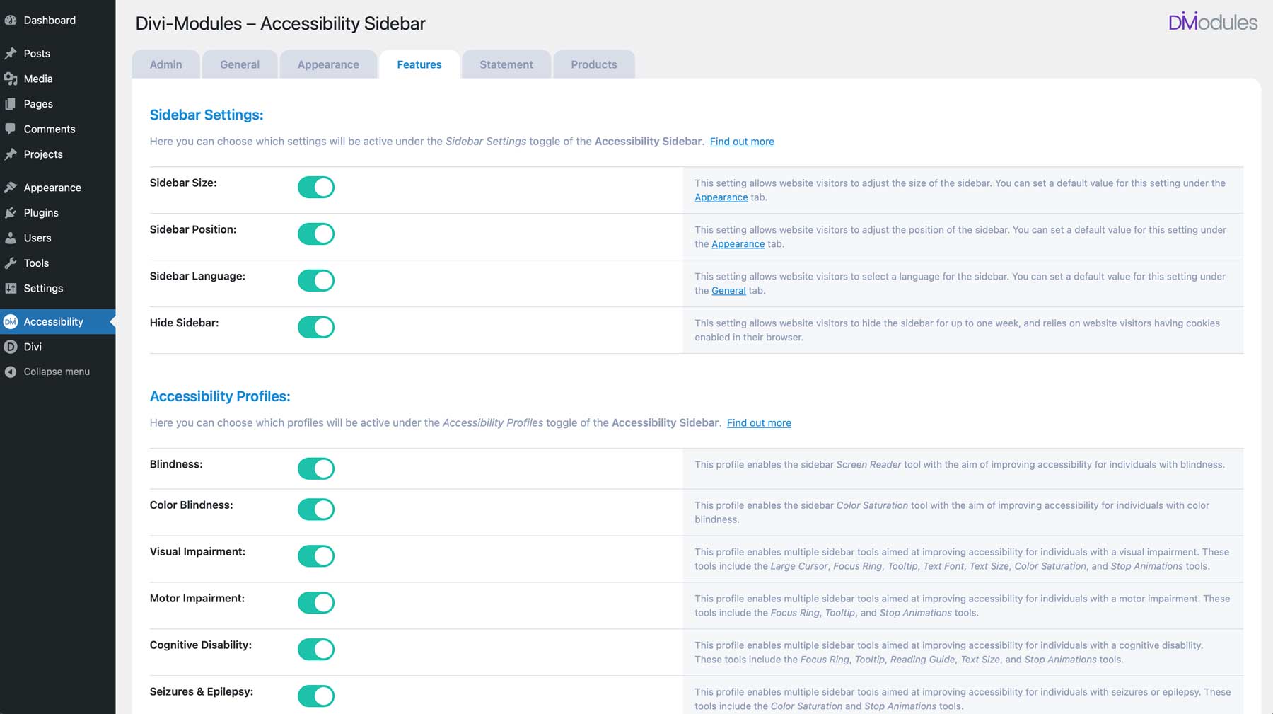 Accessibility Sidebar features settings