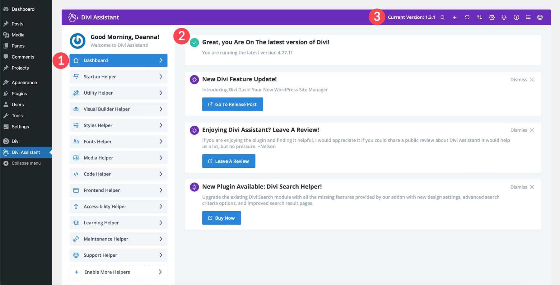 Divi Assistant dashboard