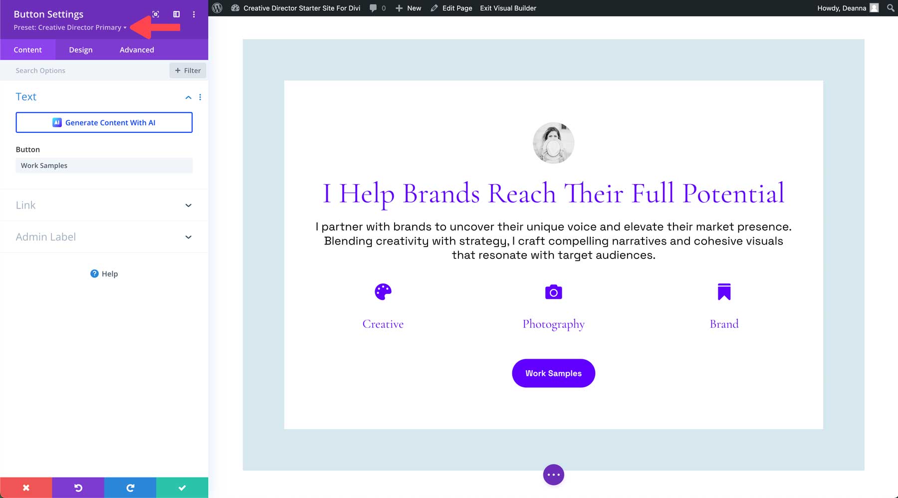 creative director starter site for Divi