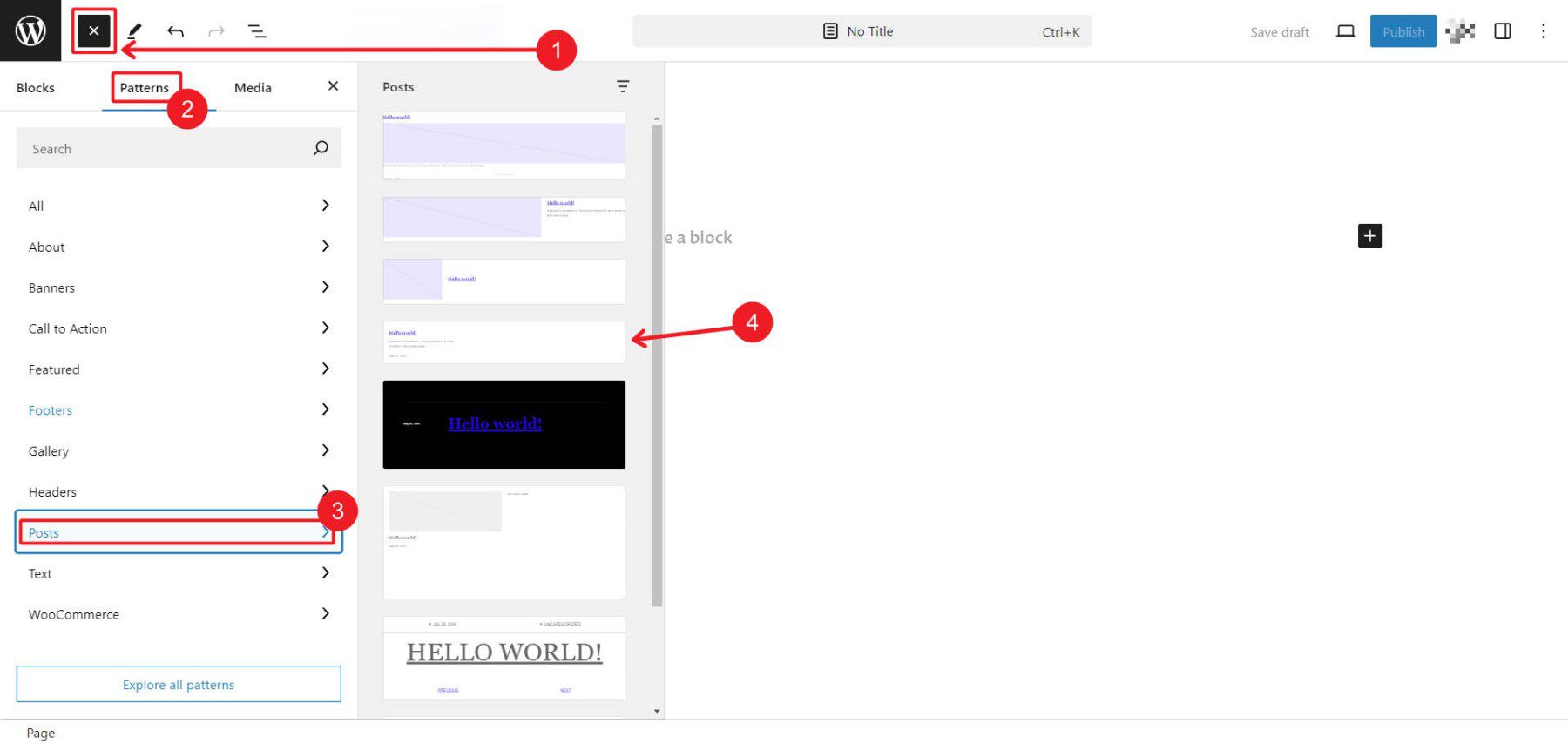 How to load Default Block Pattern - Steps 1-4