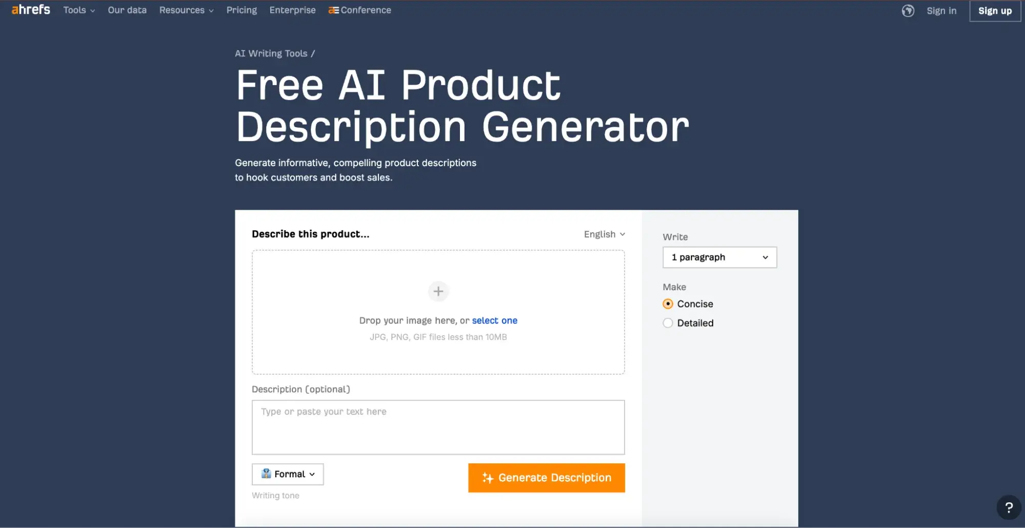 Screenshot of Ahref’s product description generator tool.