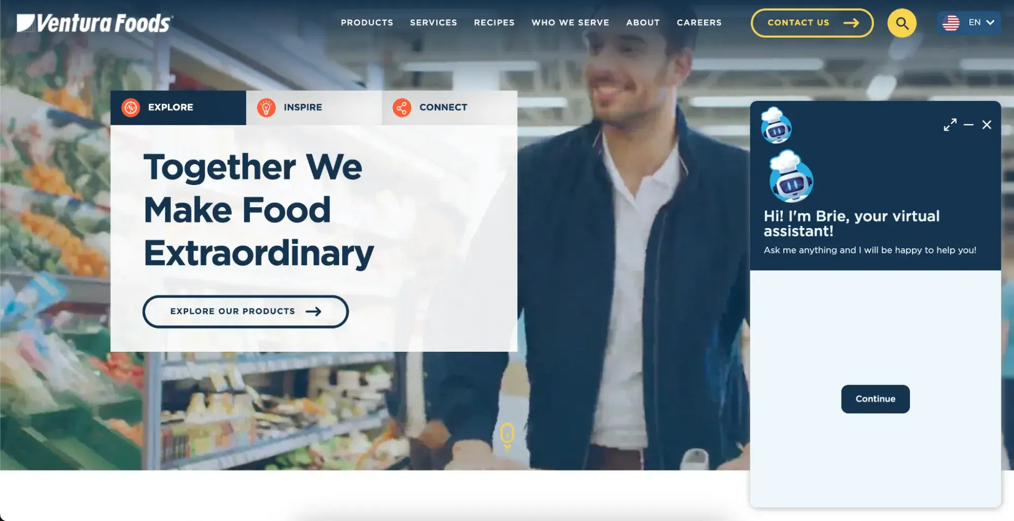 Screenshot showing the chatbot on Ventura Foods website.