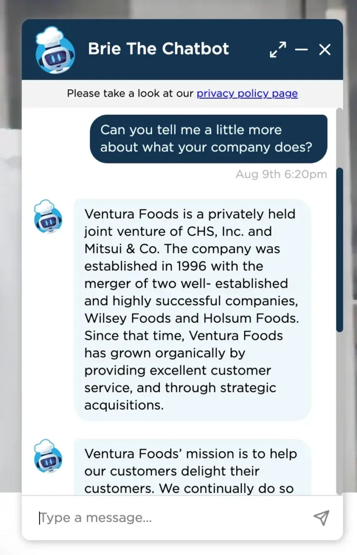 Screenshot showing a sample chat with the chatbot, Brie, on the Ventura Foods website.