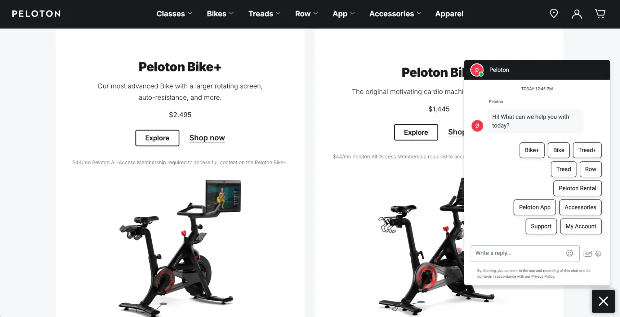 Screenshot showing the chatbot window on the Peloton website.