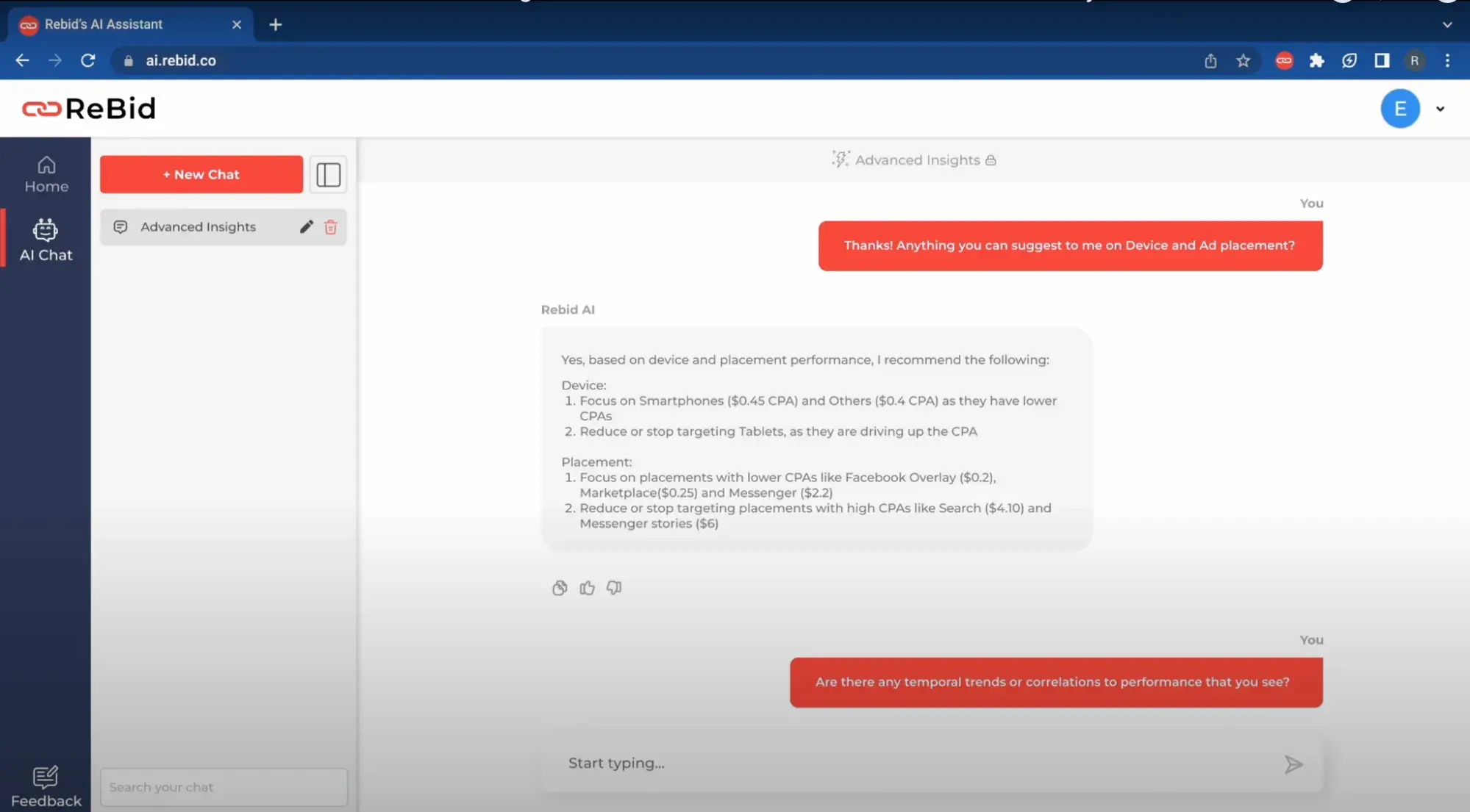 screenshot showing a conversation with the rebid ai assistant