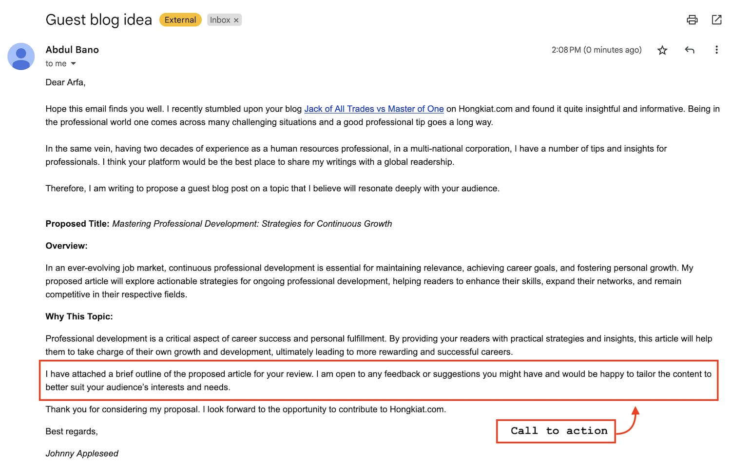 Call-to-action example in email