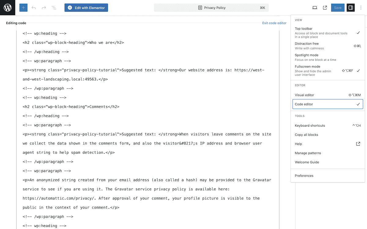 The WordPress code editor interface within the Block Editor. It shows HTML code for a website's privacy policy. The code includes headings and paragraphs with details about website address, comment policies, and Gravatar usage.