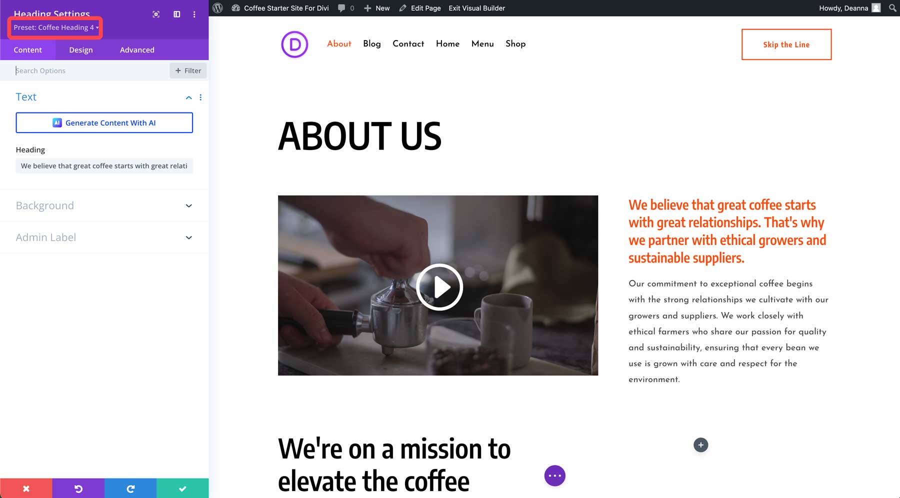 coffee starter site for divi