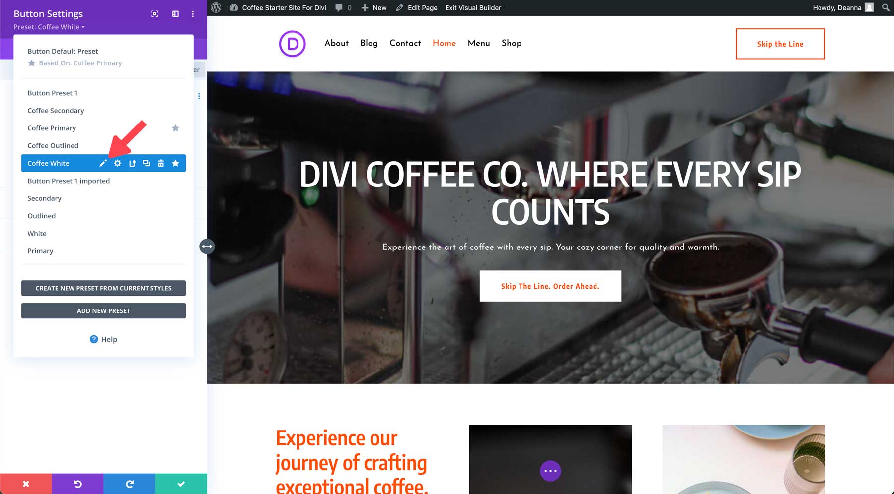 coffee starter site for divi