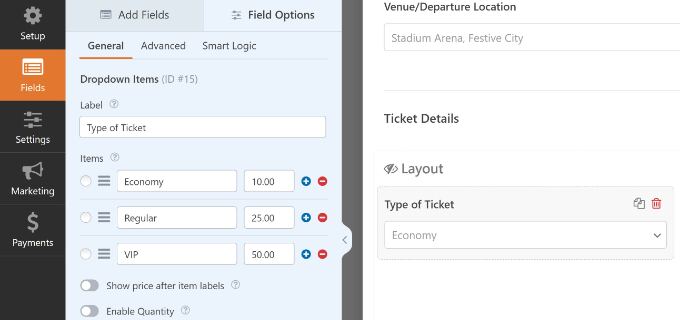 Edit each field in ticket booking form