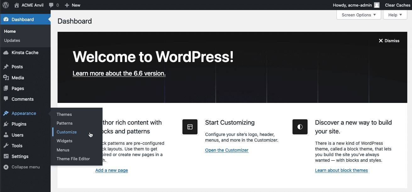 Screenshot showing the WordPress admin panel and the Appearance menu for a classic theme.