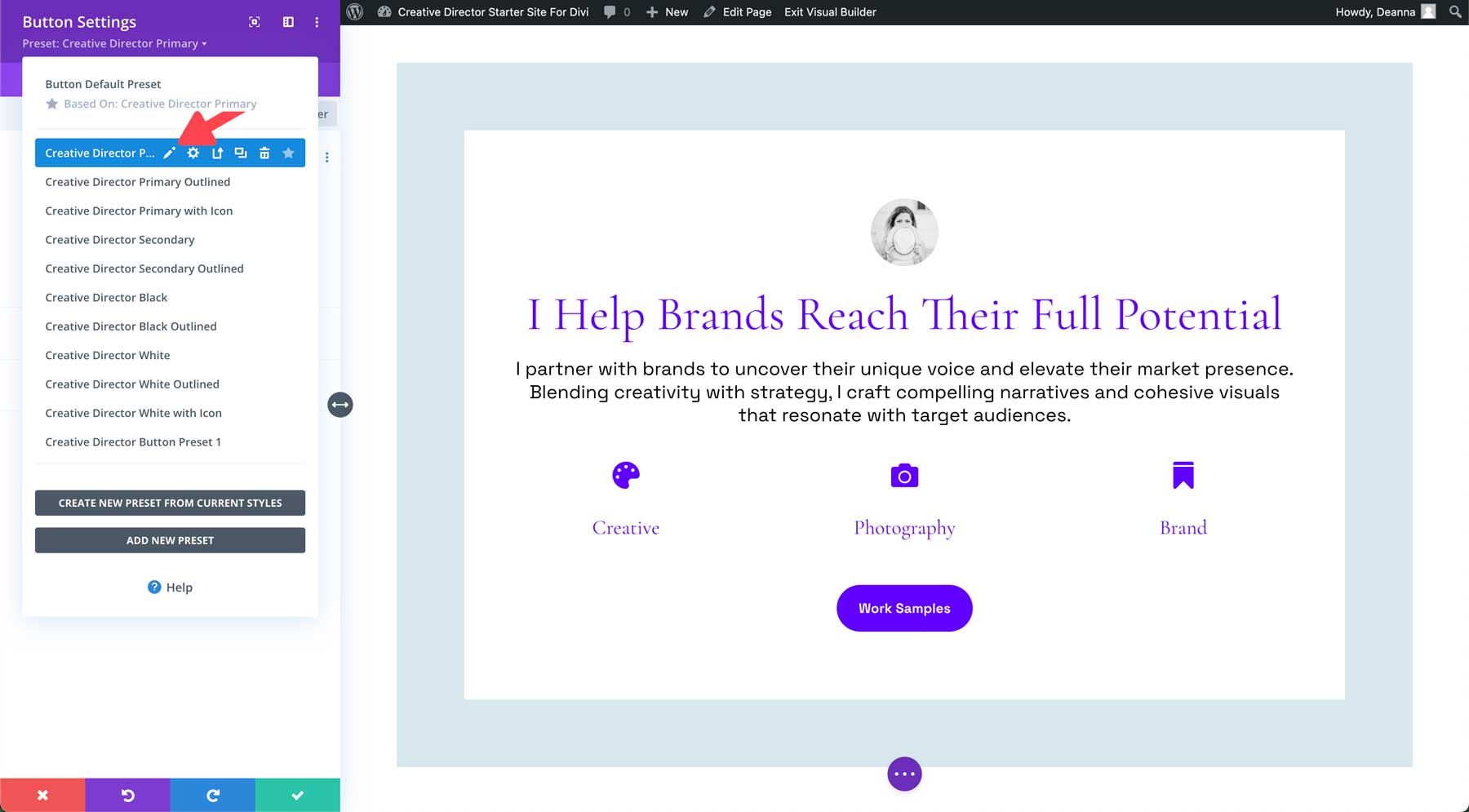 creative director starter site for Divi