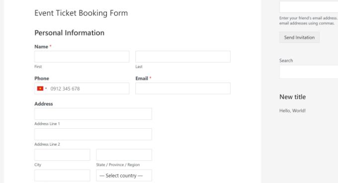 Event booking form preview