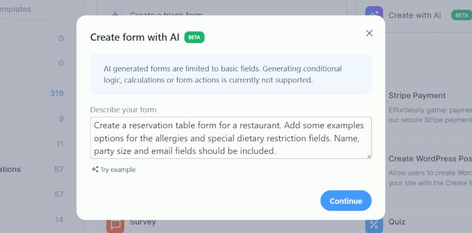 Creating a form using AI 