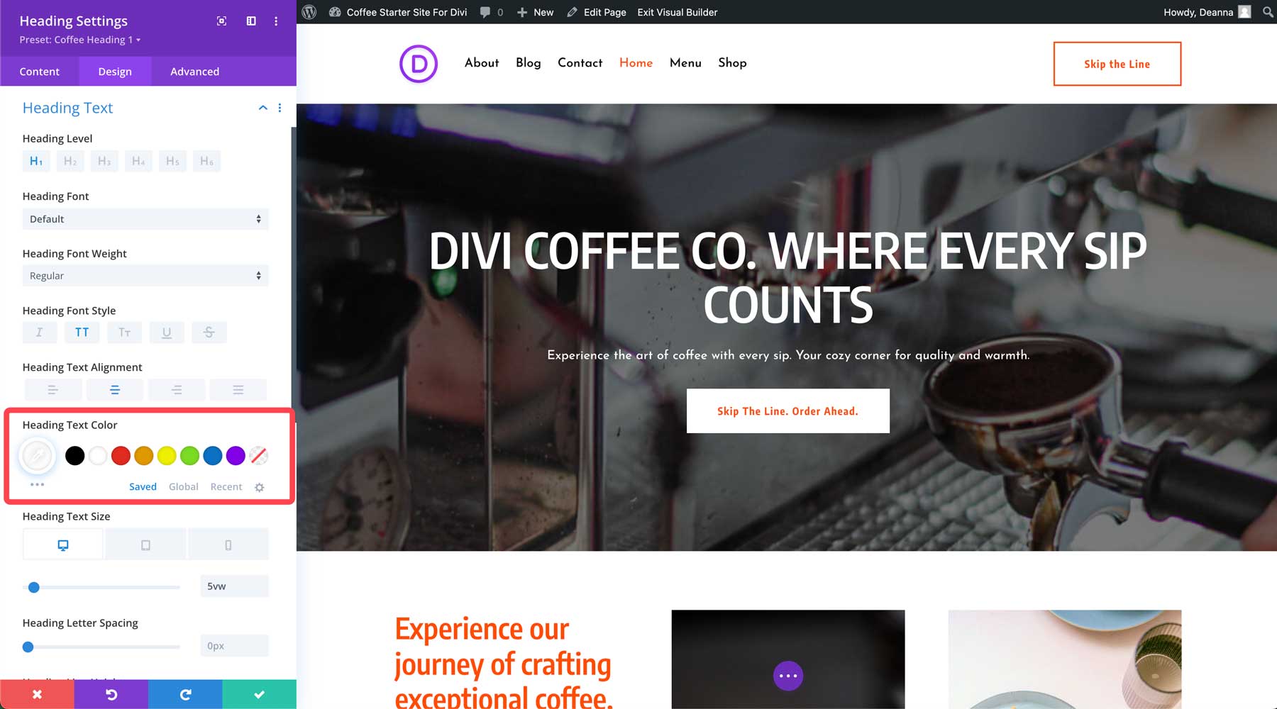 coffee starter site for Divi