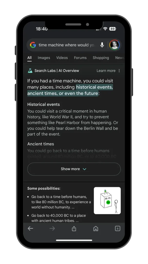 On the left: Search results for “time machine where would you go,” which triggers an AI Overview. On the right: Same search with Search Labs’ AI Overview feature enabled. 