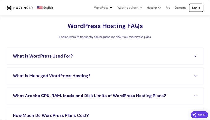 Hostinger's FAQ section