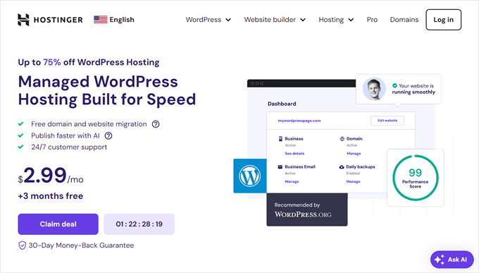 Hostinger's WordPress hosting landing page