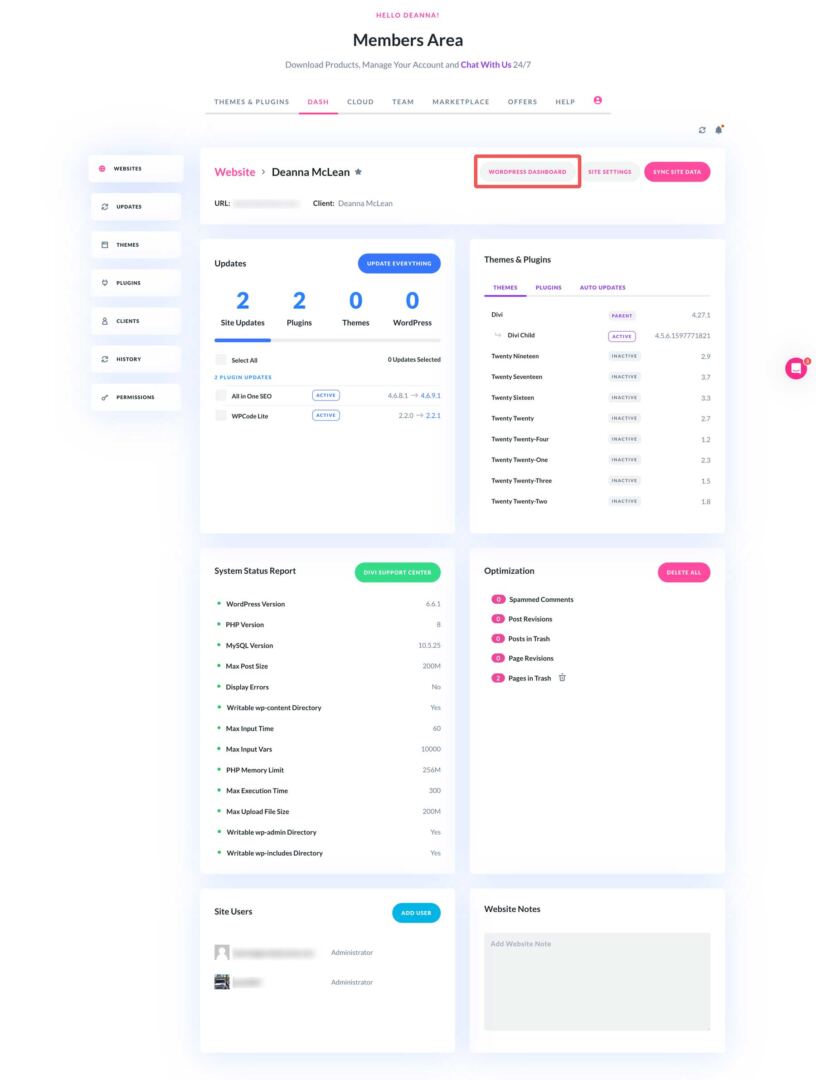 Divi Dash individual site management